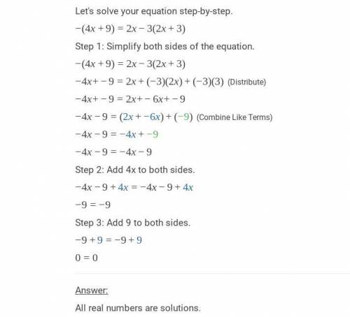 How many solutions are in -(4x+9)=2x-3(2x+3) ?