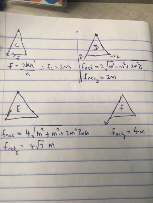 In each case, three charged particles are fixed in place at the vertices of an equilateral triangle.