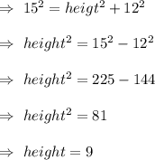 \Rightarrow\ 15^2=heigt^2+12^2\\\\\Rightarrow\ height^2= 15^2-12^2\\\\\Rightarrow\ height^2= 225-144\\\\\Rightarrow\ height^2= 81\\\\\Rightarrow\ height=9