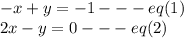 -x+y=-1---eq(1)\\2x-y=0---eq(2)