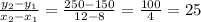 \frac{y_2 - y_1}{x_2 - x_1} = \frac{250 - 150}{12 - 8} = \frac{100}{4} = 25