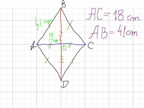 The shorter diagonal of a rhombus measures 18cm. The side of the rhombus measures 41cm. Find the len