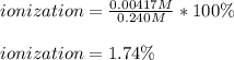 ionization=\frac{0.00417M}{0.240M} *100\%\\\\ionization=1.74\%
