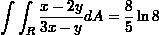 Evaluate the given integral by making an appropriate change of variables. 3 x − 6y 8x − y dA, R wher
