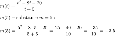 m(t)=\dfrac{t^2-8t-20}{t+5}\\\\m(5)-\text{substitute}\ m=5:\\\\m(5)=\dfrac{5^2-8\cdot5-20}{5+5}=\dfrac{25-40-20}{10}=\dfrac{-35}{10}=-3.5