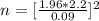 n = [\frac{1.96  *  2.2 }{0.09} ] ^2