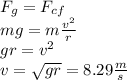 F_g=F_{cf}\\&#10;mg=m\frac{v^2}{r}\\&#10;gr=v^2\\&#10;v=\sqrt{gr}=8.29\frac{m}{s}