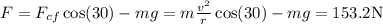 F=F_{cf}\cos(30)-mg=m\frac{v^2}{r}\cos(30)-mg=153.2$N