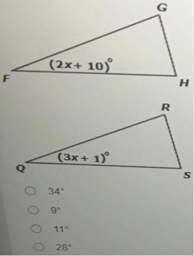 If triangle FGH is congruent to triangle QRS, find the measure of triangle Q