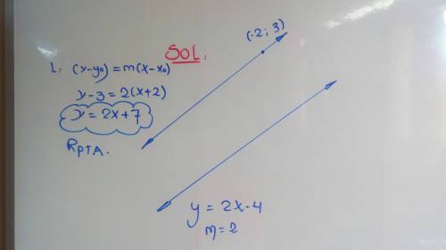Write an equation of the line that passes through (-2, 3) and is parallel to the line y= 2x-4