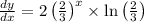 \frac{dy}{dx}=2\left(\frac{2}{3}\right)^{x}\times \ln\left(\frac{2}{3}\right)