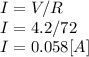 I = V/R\\I = 4.2/72\\I = 0.058 [A]