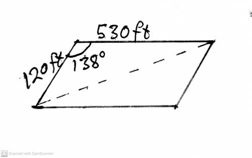 Two sides of a parallelogram are 530 feet and 120 feet. The measure of the angle between these sides
