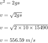 v^2=2gs\\\\v=\sqrt{2gs} \\\\v=\sqrt{2\times 10\times 15490 } \\\\v=556.59\ m/s