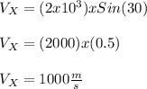 V_X = (2x10^3)xSin(30)\\\\V_X = (2000)x(0.5)\\\\V_X = 1000\frac{m}{s}