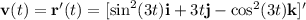 \mathbf{v}(t)=\mathbf{r}'(t)=[\sin^2(3t)\mathbf{i}+3t\mathbf{j}-\cos^2(3t)\mathbf{k}]'