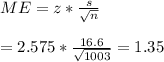 ME=z*\frac{s}{\sqrt{n}}&#10;\\&#10;\\=2.575*\frac{16.6}{\sqrt{1003}}=1.35