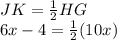 JK = \frac{1}{2}HG\\6x-4=\frac{1}{2}(10x)