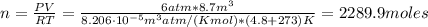 n = \frac{PV}{RT} = \frac{6 atm*8.7 m^{3}}{8.206 \cdot 10^{-5} m^{3}atm/(Kmol)*(4.8 + 273)K} = 2289.9 moles