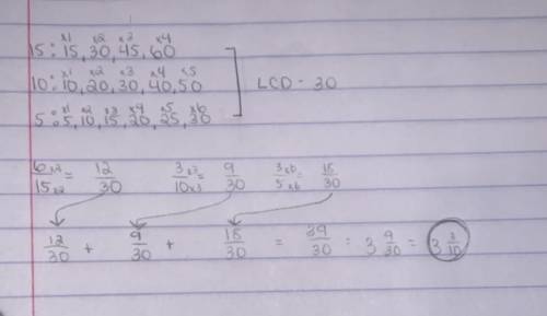 Solve the equation using equivalent fractions. show your work.

6/15 + 3/10 + 3/5 = ? help ples me n