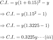 C.I. = y(1+0.15)^2-y \\\\\Rightarrow C.I. = y(1.15^2-1) \\\\\Rightarrow C.I. = y(1.3225-1) \\\\\Rightarrow C.I. = 0.3225y \cdots(iii)