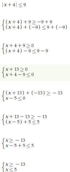 Solve the following inequality algebraically.
|x+4| ≤ 9