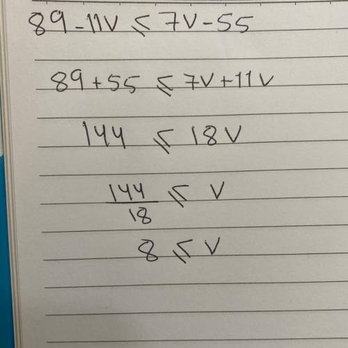 Solve the inequality for v.
89-11v ≤ 7v-55
