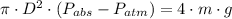 \pi\cdot D^{2}\cdot (P_{abs}-P_{atm}) = 4\cdot m\cdot g