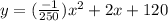 y = (\frac{-1}{250})x^2+2x+120