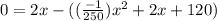 0= 2x-((\frac{-1}{250})x^2+2x+120)