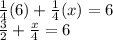 \frac{1}{4}(6)+\frac{1}{4}(x)=6\\\frac{3}{2}+\frac{x}{4}=6