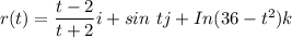r(t) = \dfrac{t-2}{t+2}i + sin \ tj + In(36-t^2) k