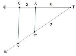Line segment xy is dilated to create line segment x'y' using point t as the center of dilation.