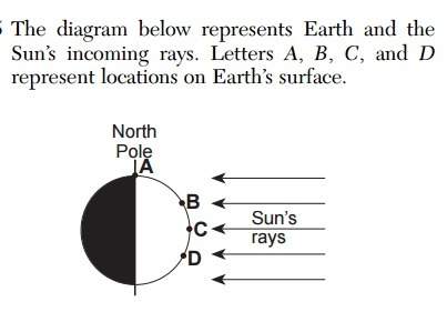 The diagram below represents earth and the sun’s incoming rays. letters a, b, c, and d represent loc