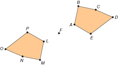 Figure abcde is the result of a 180 °rotation of figure lmnop about the point. which ang