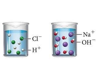 These two beakers represent solutions of hcl and naoh. describe a third beaker showing the ions that