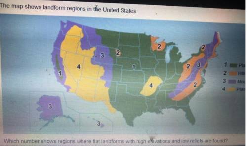 Which number shows regions where flat landforms with high elevations and low reliefs are found?