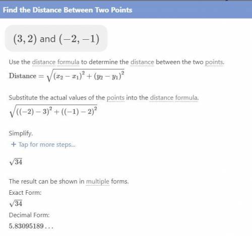 Calculate the distance between the points (3, 2) and (-2, -1).