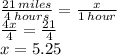 \frac{21 \: miles}{4 \: hours}  =   \frac{x}{1 \: hour}  \\  \frac{4x}{4}  =  \frac{21}{4}  \\ x = 5.25