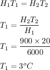 H_1T_1 = H_2T_2\\\\T_1 =\dfrac{H_2T_2}{H_1}\\\\T_1 = \dfrac{900\times 20}{6000}\\\\T_1 =3^oC