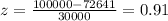 z=\frac{100000-72641}{30000}=0.91