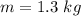 m =  1.3 \  kg