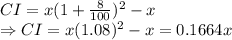 CI = x (1+\frac{8}{100})^2 - x\\\Rightarrow CI = x(1.08)^2-x = 0.1664x