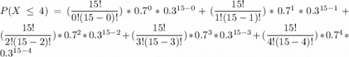 P(X \le 4 ) = (\dfrac{15!}{0!(15-0)!}) *0.7^0 *0.3^{15-0} + (\dfrac{15!}{1!(15-1)!}) *0.7^1 *0.3^{15-1} + (\dfrac{15!}{2!(15-2)!}) *0.7^2 *0.3^{15-2} + (\dfrac{15!}{3!(15-3)!}) *0.7^3 *0.3^{15-3} + (\dfrac{15!}{4!(15-4)!}) *0.7^4 *0.3^{15-4}