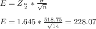 E=Z_\frac{\alpha}{2}*\frac{\sigma}{\sqrt{n} }  \\\\E=1.645*\frac{518.75}{\sqrt{14} } =228.07
