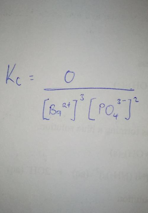 3Ba2+(aq) + 2PO43−(aq) ⇌ Ba3⎛⎝PO4⎞⎠2(s). Is Kc> 1, < 1, or ≈ 1?