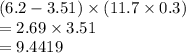 (6.2 - 3.51) \times (11.7 \times 0.3)\\=2.69 \times 3.51\\=9.4419