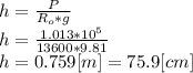 h=\frac{P}{R_{o}*g} \\h = \frac{1.013*10^{5} }{13600*9.81}\\h = 0.759 [m] = 75.9 [cm]
