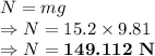 N=mg\\\Rightarrow N=15.2\times 9.81\\\Rightarrow N=\boldsymbol{149.112\ \mathbf{N}}
