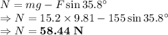 N=mg-F\sin35.8^{\circ}\\\Rightarrow N=15.2\times 9.81-155\sin35.8^{\circ}\\\Rightarrow N=\boldsymbol{58.44\ \mathbf{N}}